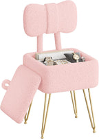 Small Vanity Stool Chair with Storage and Foldable Back, Pink | Soft Storage Ottoman, Footrest Stool, Teddy Fleece Vanity Stool for Makeup, Bedroom, Living Room
