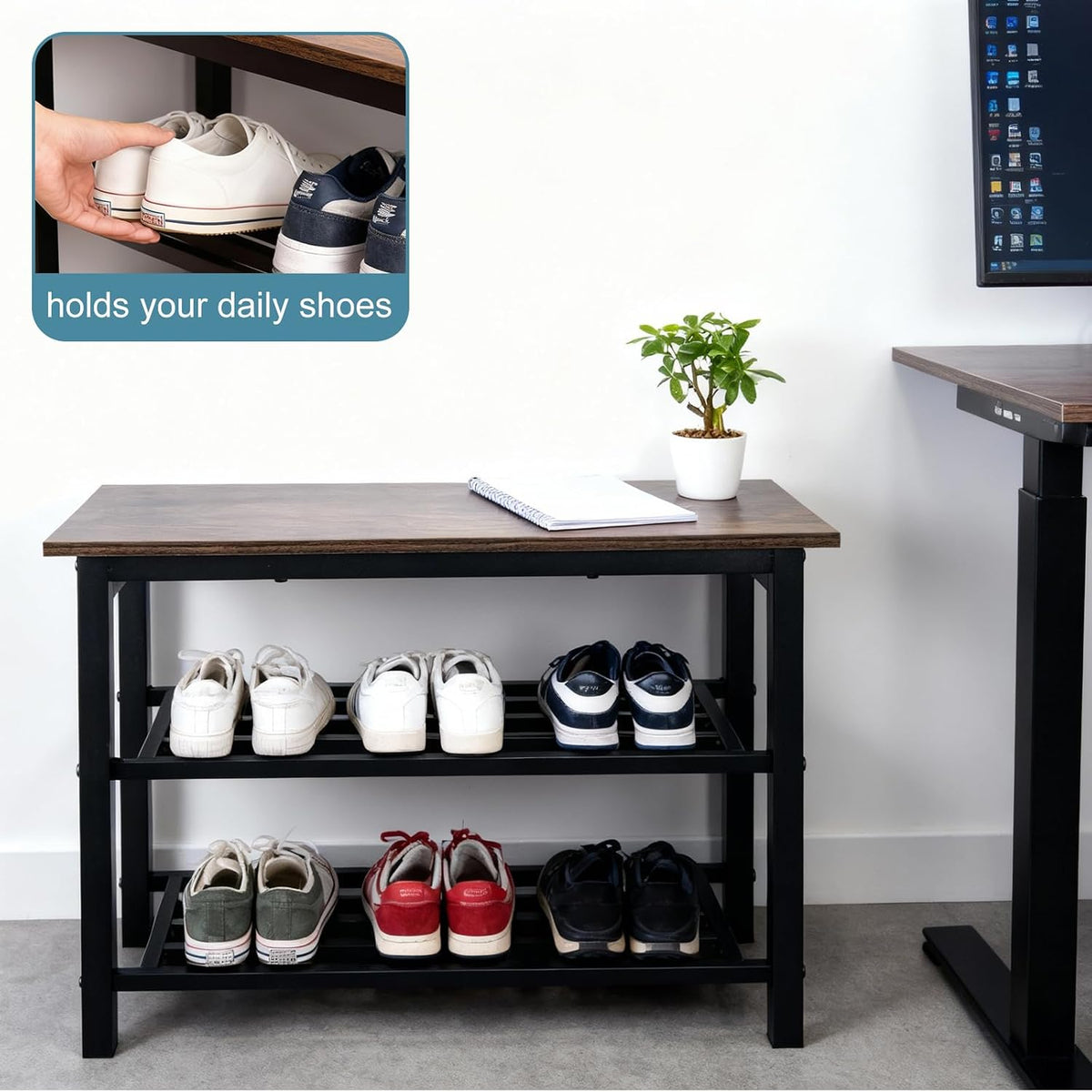 Shoe Bench, 3-Tier Shoe Rack, Industrial Shoe Organizer Storage Bench, 27.2'' Bench with Metal Shelves, for Entryway, Living Room, Hallway, Easy Assembly, 300lb Capacity - Rustic Brown