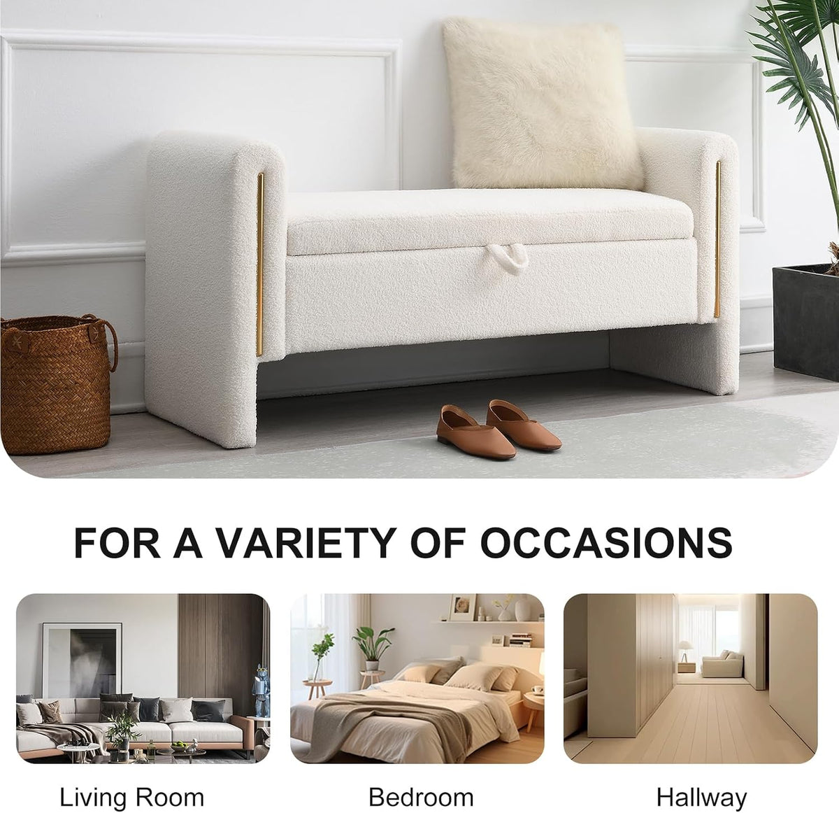 NIOIIKIT 52" Storage Ottoman Bench, Teddy Upholstered Storage Bench with Armrest, Entryway Bench with Pull-Ring, End of Bed Bench with Padded Cushion, Window Bench for Living Room (White)