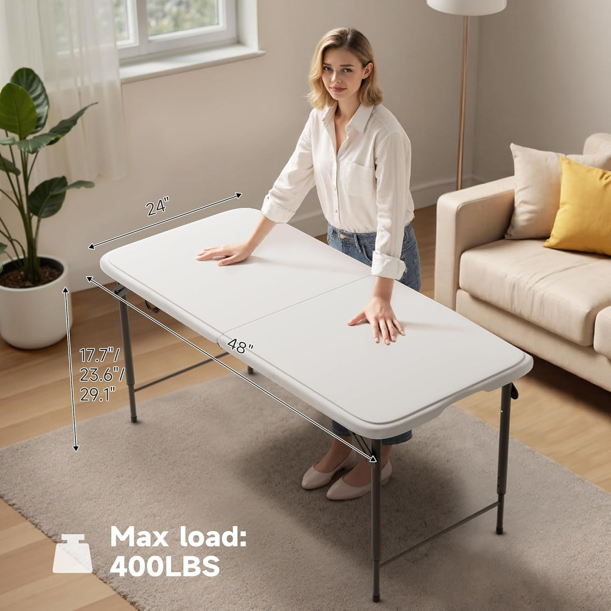4 Foot Folding Table with Black Table Cloth- 3-Position Adjustable Height, Heavy Duty 400 lbs Capacity - Portable Folding Tables for Camping, Party, Indoor & Outdoor Use, 2 Pack