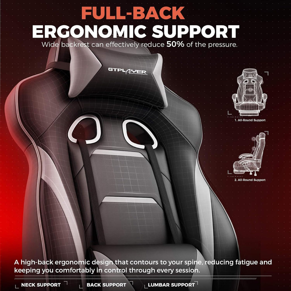 GTPLAYER Gaming Chair for Adults, Big and Tall 350LBS Heavy Duty Office Chair, Ergonomic High Back Lumbar Support and Recliner for Back Pain Relief, Sky Gray
