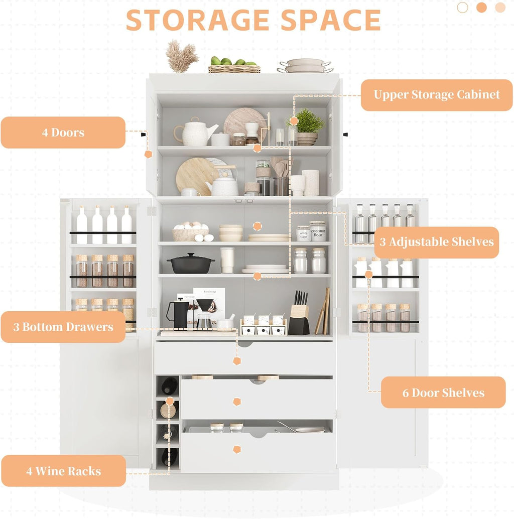77 Inch Kitchen Pantry Cabinet with Wine Racks, White | White MDF, kitchen or dining room, adjustable shelves, wine racks, power outlet, door shelves, 35 in W, 77 in H