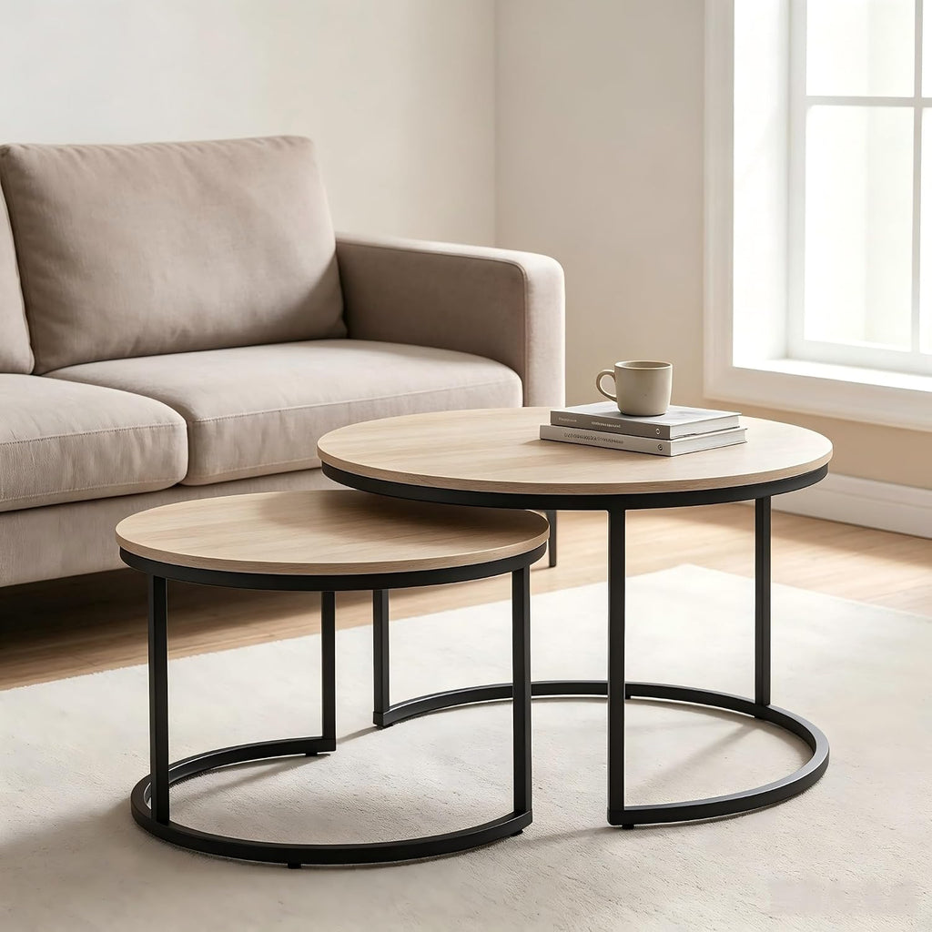 31.5 Inch Round Nesting Coffee Tables Set of 2, Oak‑Tone Stackable Side Tables with Sturdy Metal Legs, Space‑Saving Easy‑Assembly Accent Tables for Living Room