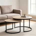 31.5 Inch Round Nesting Coffee Tables Set of 2, Oak‑Tone Stackable Side Tables with Sturdy Metal Legs, Space‑Saving Easy‑Assembly Accent Tables for Living Room