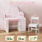 Teckid Kids Vanity Table and Chair Set with Lighted Mirror Storage Drawers Shelves for Little Girls | Open Bookshelf, Shelves, Drawers and Storage Cabinet