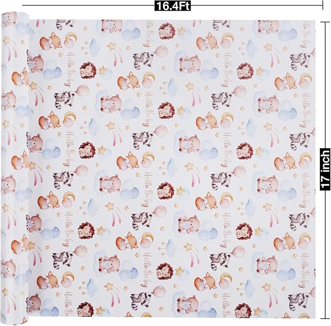 Aimyoo Baby Shower Wrapping Paper Roll - 17 Inch x 16.4 Feet - Cute Animal with Hello Baby Letter Design Perfect for Boys Girls, Birthday, Party