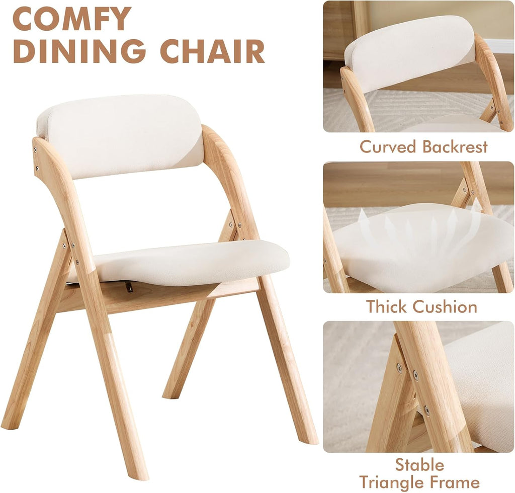 Folding Chairs with Cushion Set of 4,Linen Padded Foldable Dining Chairs, Raw Wooden Folding Dining Chairs, for Dining Rooms, Wedding Parties, Offices Indoor Outdoor Beige
