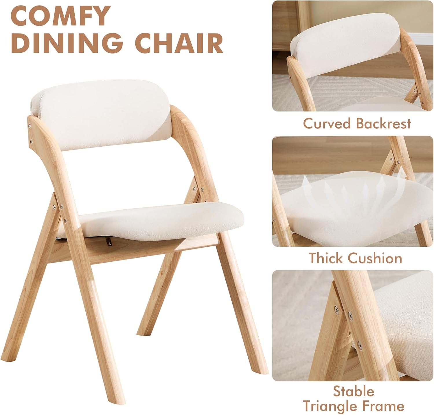 Folding Chairs with Cushion Set of 4,Linen Padded Foldable Dining Chairs, Raw Wooden Folding Dining Chairs, for Dining Rooms, Wedding Parties, Offices Indoor Outdoor Beige