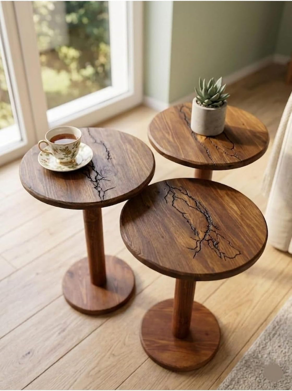 SODEF Handmade Round Walnut Wood Side Table Set, 3-Piece Nesting Tables, Wood, Retro Country Style, Unique Lichtenberg Figures, Approx. 13.4" Diameter - Brown
