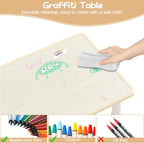 Kids Table and 6 Chairs Set, Height Adjustable Toddler Table and Chairs Set | Graffiti Desktop, Non-Slip Legs, Children Activity Table for for Ages 2-10 Daycare Classroom Home Preschool, Natural