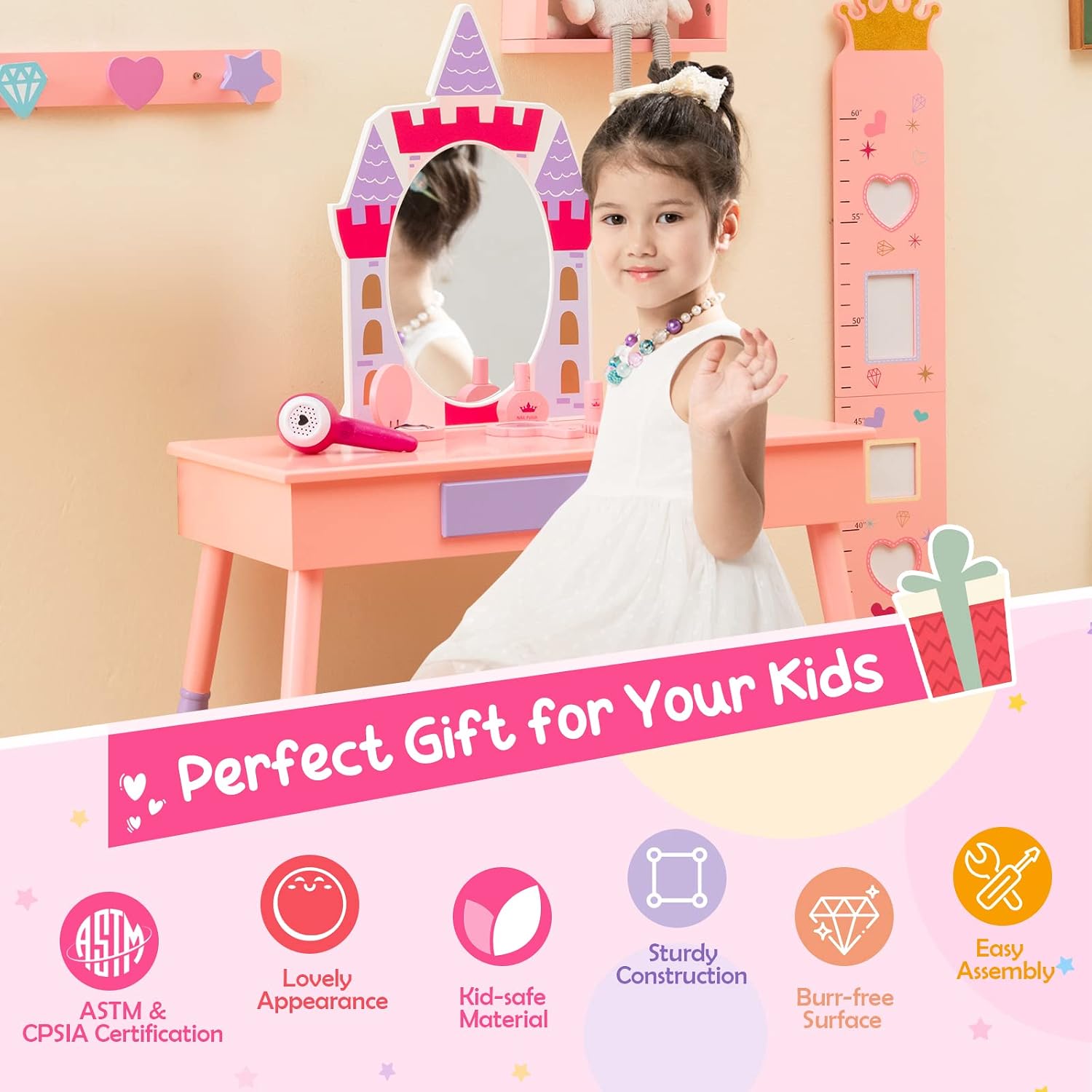Costzon Kids Vanity Set, Girls Vanity Set with Mirror and Stool, Princess Makeup Dressing Table with Drawer, Growth Chart, Floating Shelves, Kids Vanity Table and Chair Set, Pink