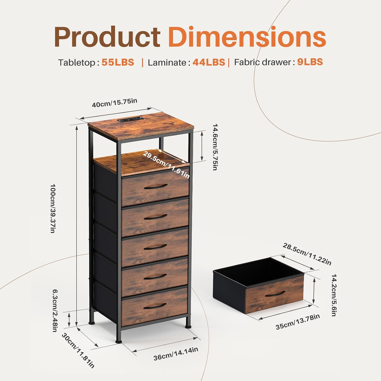 Sweetcrispy Nightstand with Charging Station 5 Fabric Drawers Bedside Table | Night Stand with USB Type-C Ports, AC Outlets & Dimmable LED Light Strip, Modern Rustic Brown Bedroom End Table
