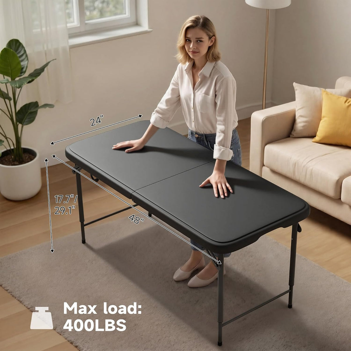 4 FT Folding Table, 3-Position Adjustable Height, Heavy Duty 400 lbs Capacity, Portable Table for Camping, Party, Indoor & Outdoor (Black, 1 Pack)