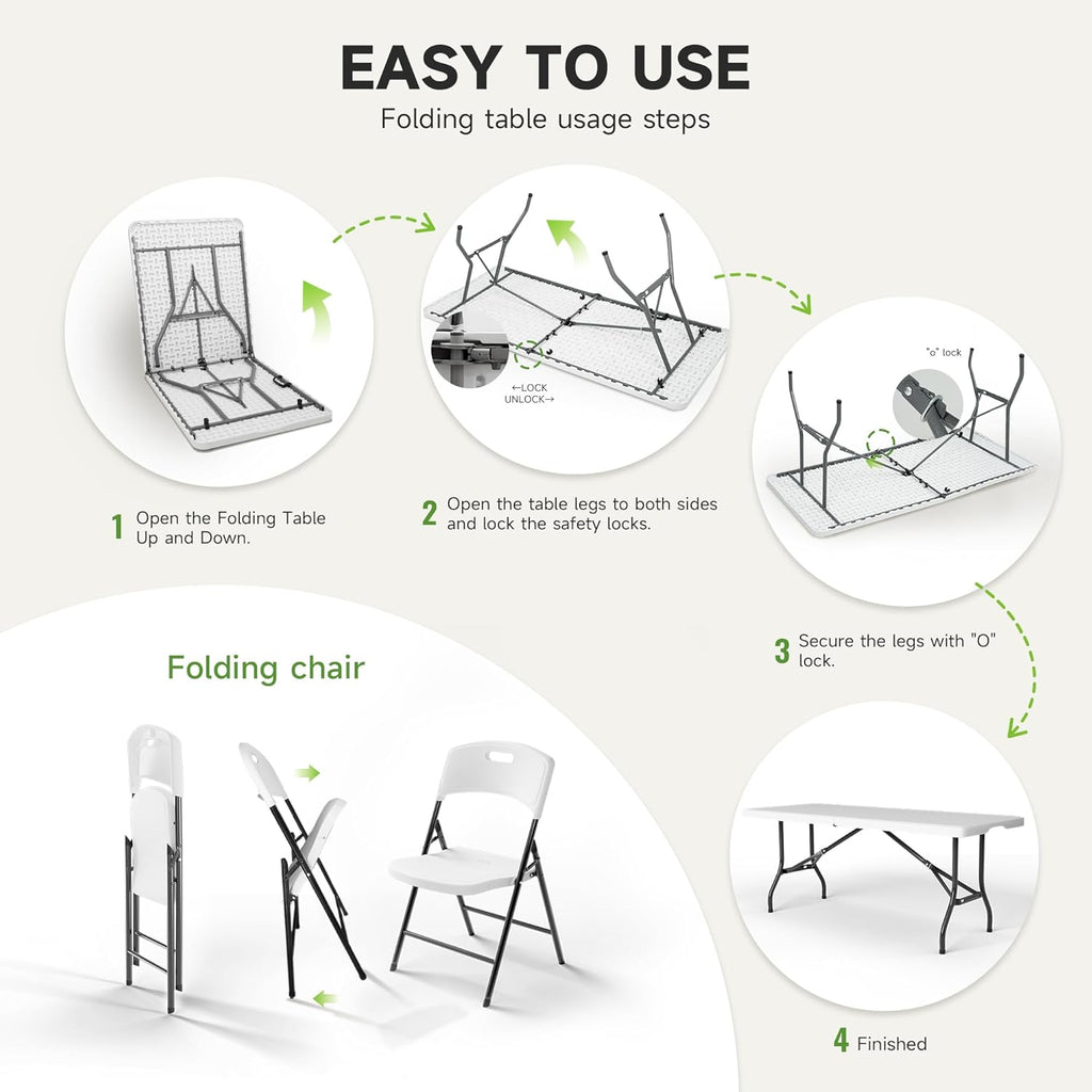 6FT Folding Table Set with 6 Chairs – Heavy-Duty 330 lb Table & 600 lb Chairs, Portable Foldable Furniture Set for Camping, Parties, Indoor & Outdoor Use
