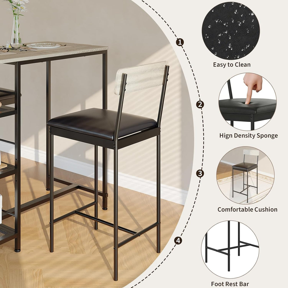 3-Piece Dining Table Set with Storage Shelves and 2 Upholstered Chairs, MDF & Iron Frame Small Kitchen Table for Apartment, Studio