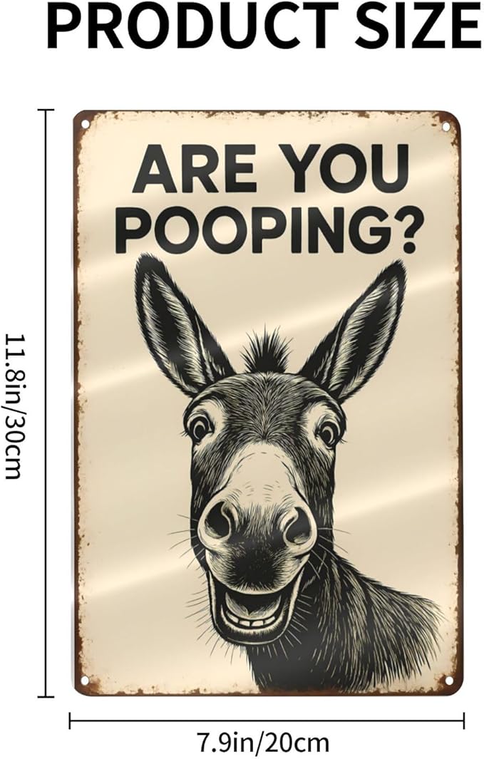 Funny Donkey Bathroom Sign - "Are You Pooping?" Rustic Metal Tin Sign for Toilet, Restroom, Farmhouse Humor Decor - 8"x12" Wall Art Gift