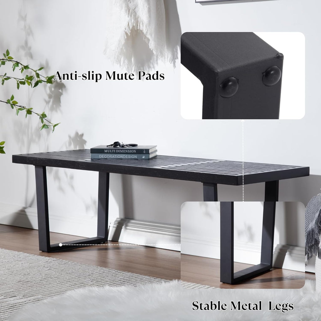 Wooden Dining Bench 55”Industrial Entryway Bench, Modern End of Bed Bench for Bedroom/Hallway, Black Solid Wood Bench with W/Metal Legs for Dining Room/Living Room, Kitchen