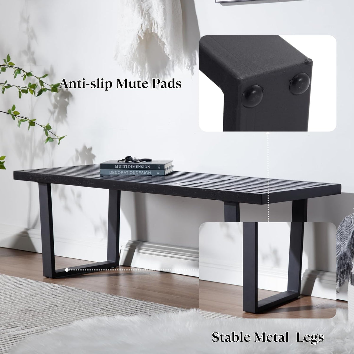 Wooden Dining Bench 55”Industrial Entryway Bench, Modern End of Bed Bench for Bedroom/Hallway, Black Solid Wood Bench with W/Metal Legs for Dining Room/Living Room, Kitchen