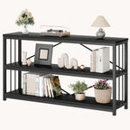 LVB Black Console Table, Modern Entryway Table, Black Oak, 55 in | Industrial Sofa Tables Behind Couch for Hallway Living Room, Farmhouse Wooden Metal Tables with 3-Tier Storage Shelves