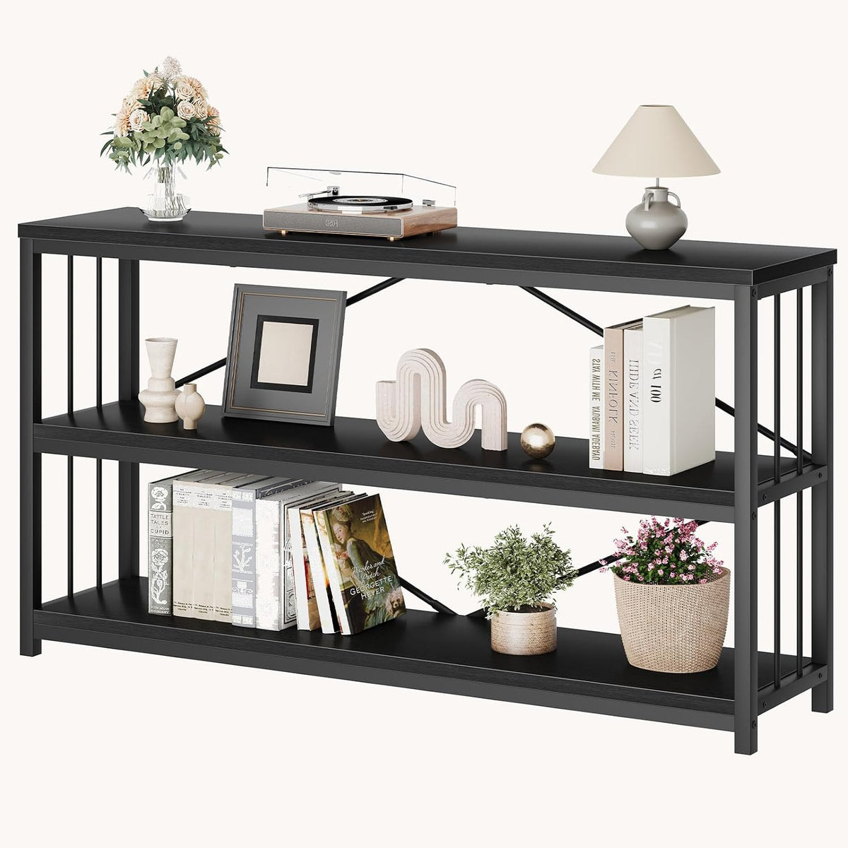 LVB Black Console Table, Modern Entryway Table, Black Oak, 55 in | Industrial Sofa Tables Behind Couch for Hallway Living Room, Farmhouse Wooden Metal Tables with 3-Tier Storage Shelves