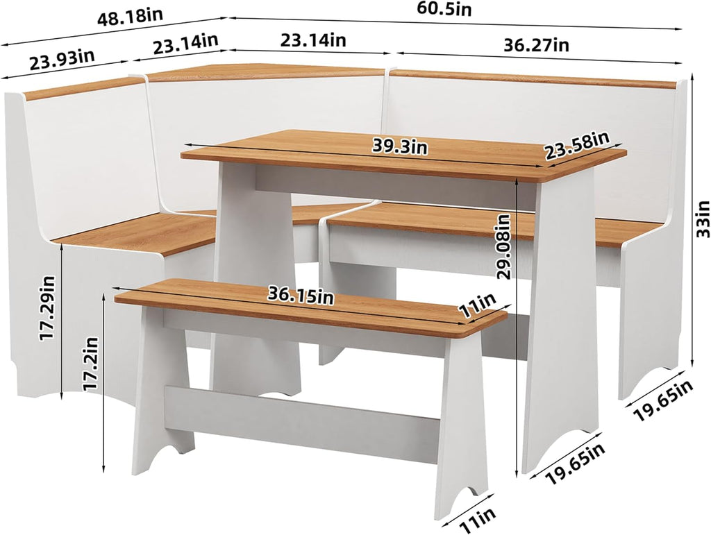 Farmhouse Breakfast Nook Table Set, Dining Nook Set with Corner Bench,with Storage Function Mid Century Modern Small Dining Table Set, Kitchen Table Corner Set (White + Natural)