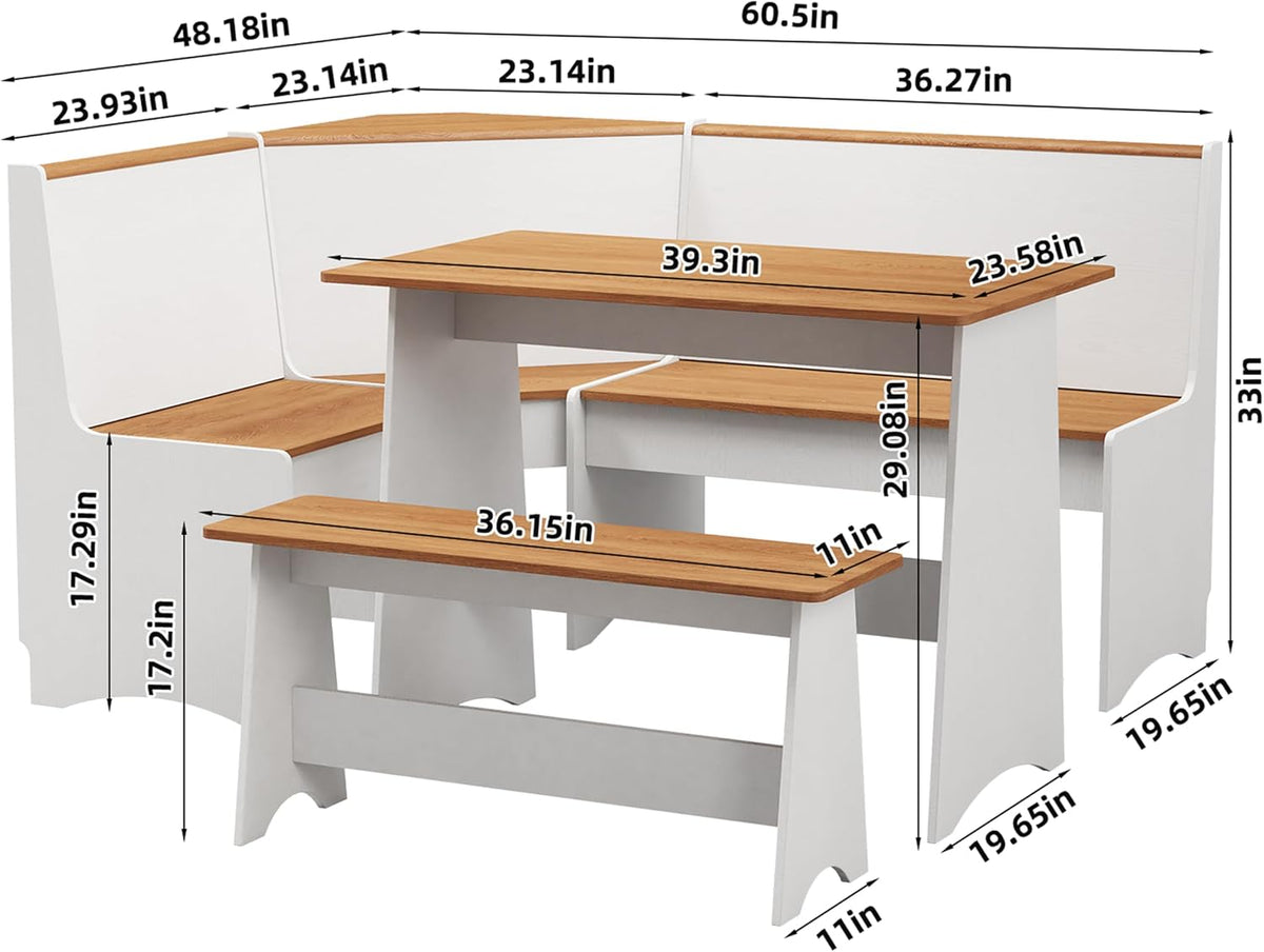 Farmhouse Breakfast Nook Table Set, Dining Nook Set with Corner Bench,with Storage Function Mid Century Modern Small Dining Table Set, Kitchen Table Corner Set (White + Natural)