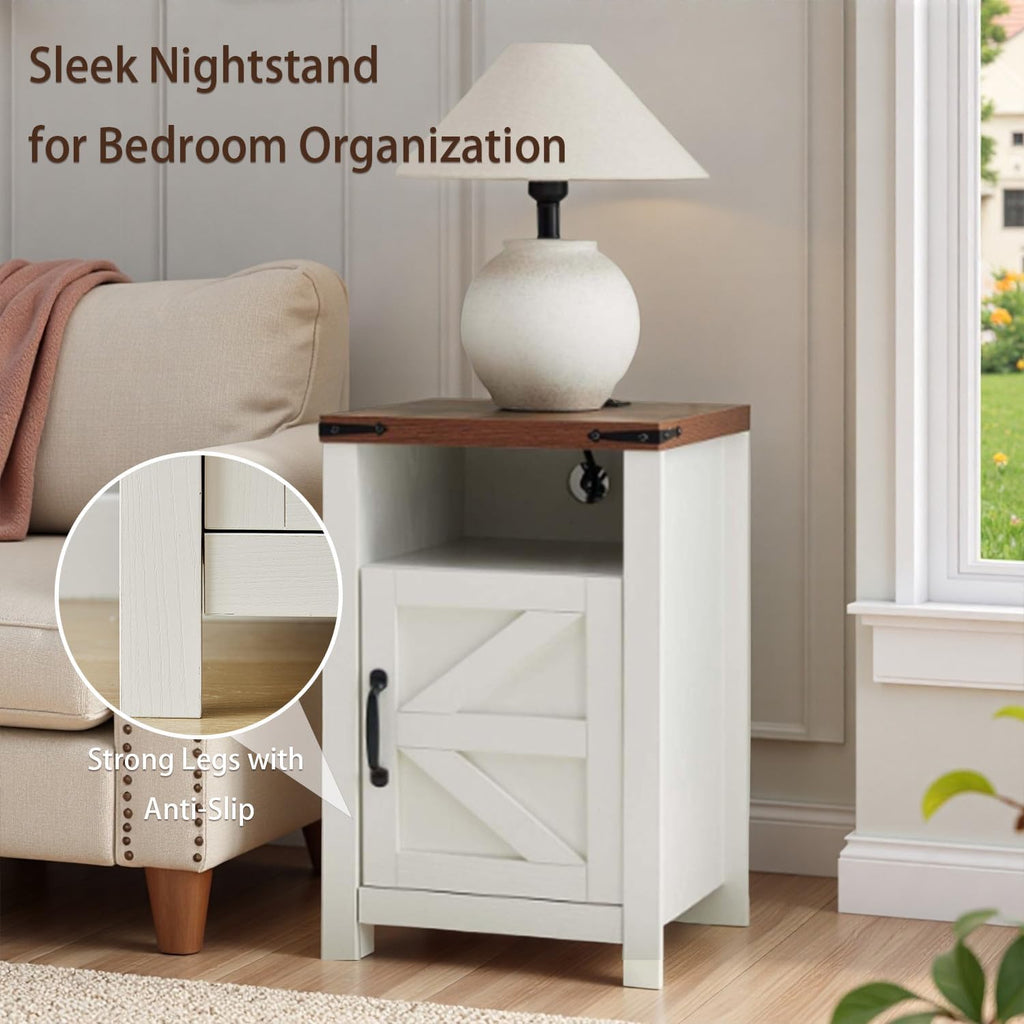Farmhouse Nightstand Set of 2 with Charging Station, Modern Bedside Table with Barn Door and Shelf, Sofa Side Table End Table for Bedroom, Living Room, White