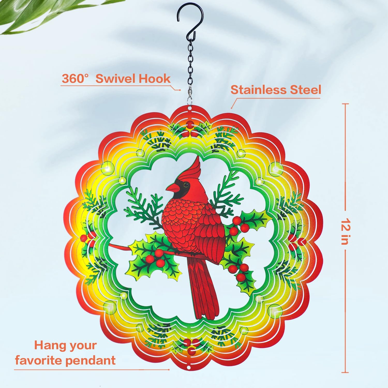Cardinal Wind Spinners Cardinal Gifts for Women/Men 12 inch 3D Stainless Steel Hanging Wind Spinner Metal Wind Catchers Kinetic Sculpture for Indoor/Outdoor Decor, Yard Art, Garden Decorations