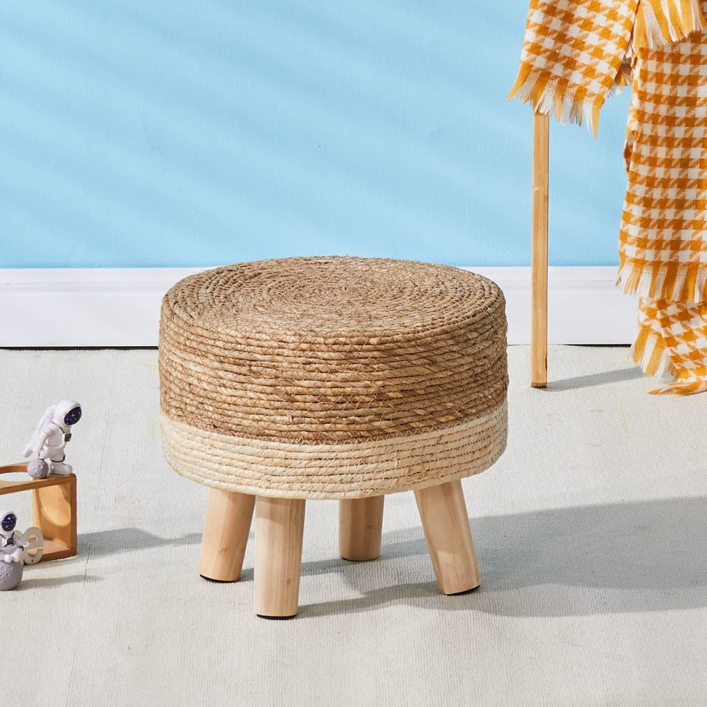 Cpintltr Foot Stool Natural Seagrass Hand Weave Poufs Round Ottoman for Couch Desk Soft Step Stool Padded Foot Rest with Non-Skid Pine Legs for Hallway Office Lounge Natural/White