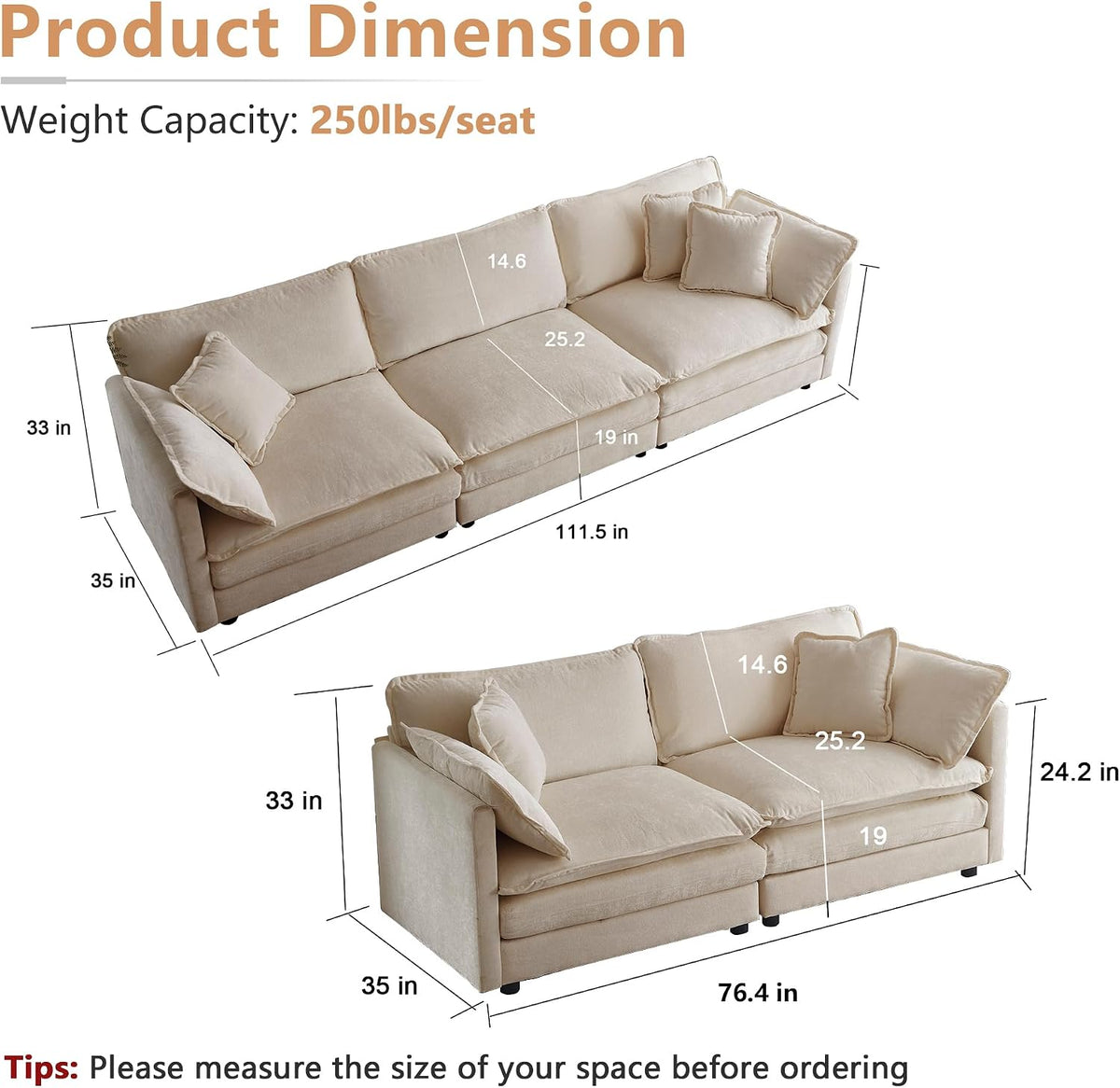 mikibama Luxury Oversized 3 Piece Sofa Set, 2 Pieces of 2 Seater and 1 Piece of 3 Seater Sofa, Modern Chenille Comfy Cloud Couches Set with 13 Pillow for Living Room Office, Light Coffee