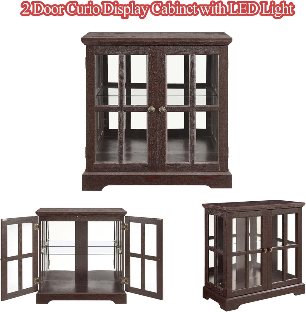 2 Door Curio Display Cabinet with LED Light & Adjustable Shelves, 30" Tableware Display Sideboard w/Mirrored Back Pane, Modern Glass Display Storage Cabinet for Kitchen & Living Room (Cherry)