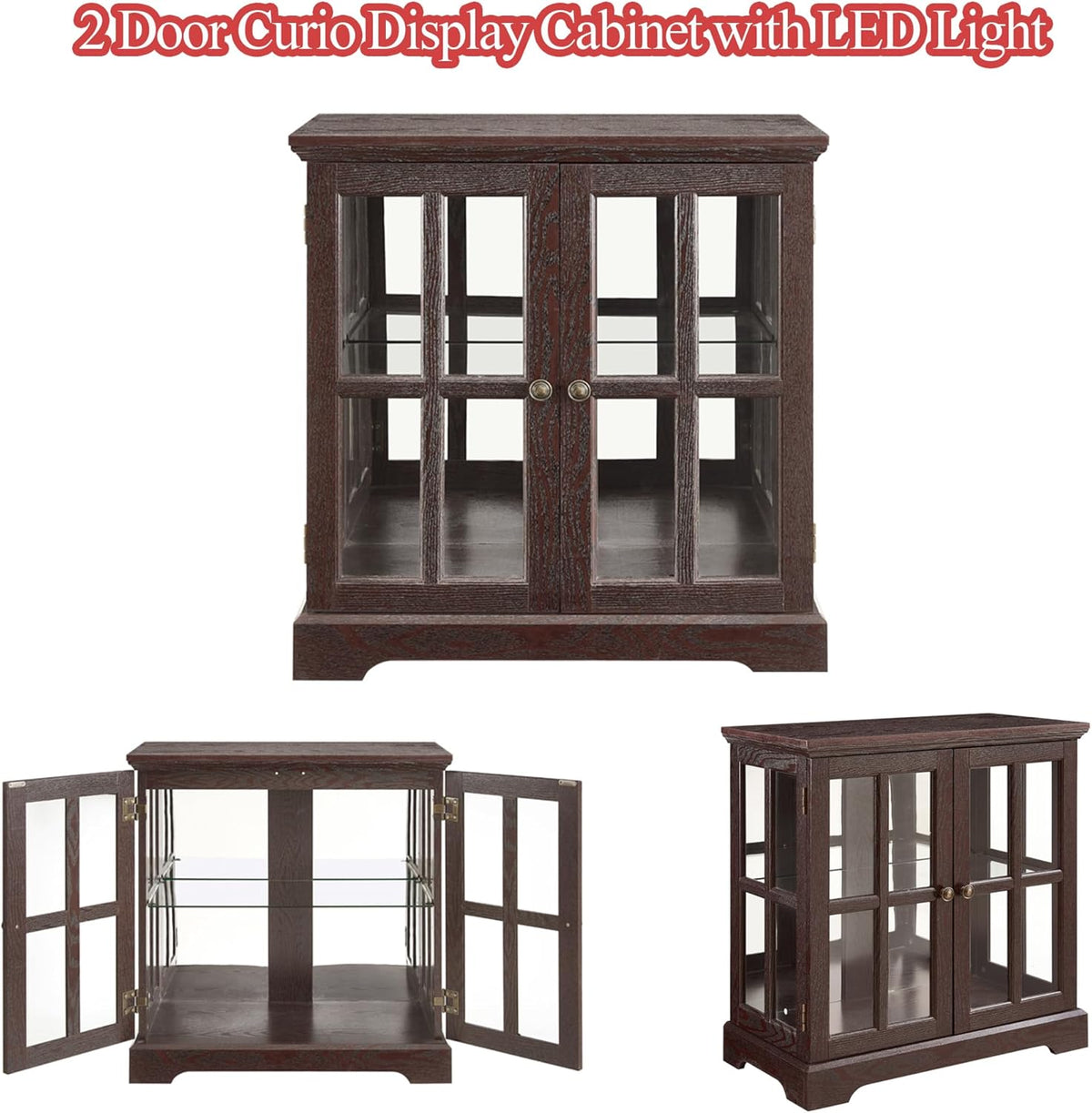 2 Door Curio Display Cabinet with LED Light & Adjustable Shelves, 30" Tableware Display Sideboard w/Mirrored Back Pane, Modern Glass Display Storage Cabinet for Kitchen & Living Room (Cherry)
