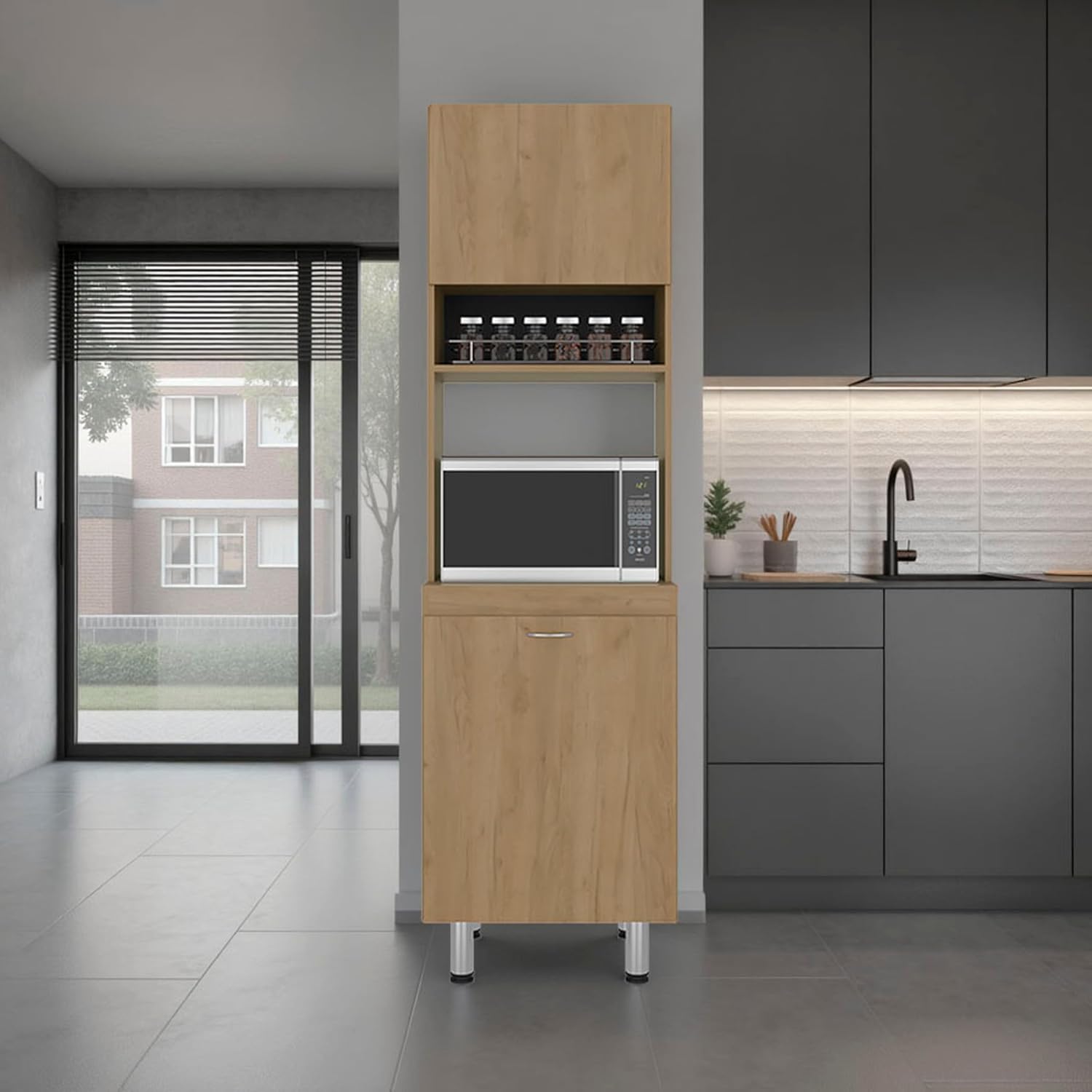 Tuhome Austin Tall Freestanding Kitchen Pantry Cabinet, 76.8" Natural Oak Pantry Storage Cabinet with 5 Shelves, 2 Doors and Open Microwave Shelf for Coffee Station