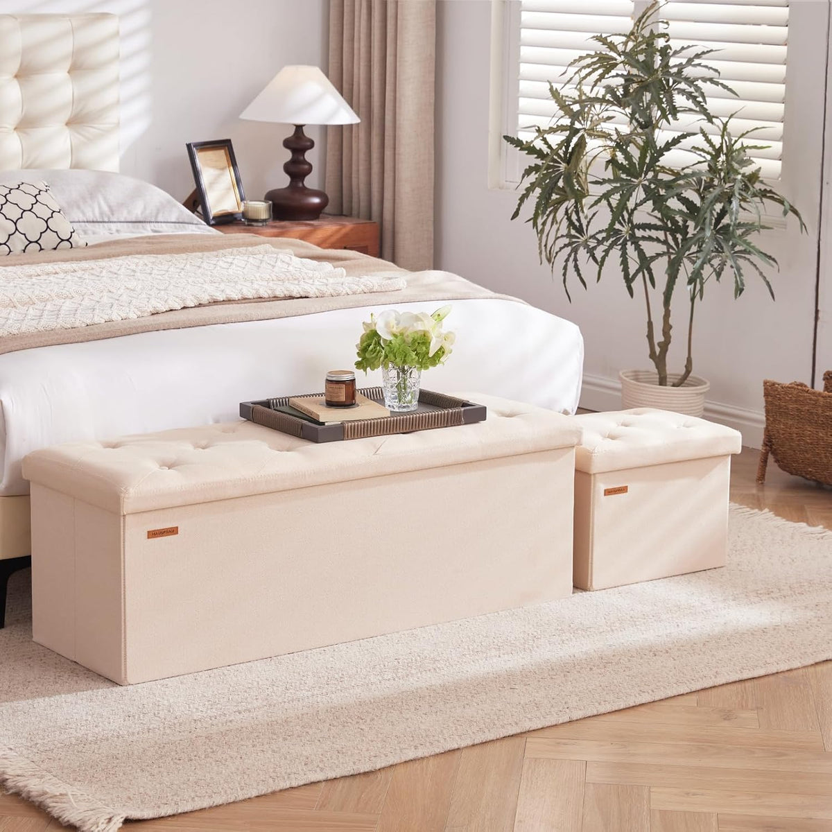 HAUSFRAU Ottoman Storage Bench Small Folding Foot Rest Stool Linen Beige | Small Footrest Footstool, Bedroom Bench, Living Room Dorm Ottoman, Rectangle, Upholstered Botton Tufted