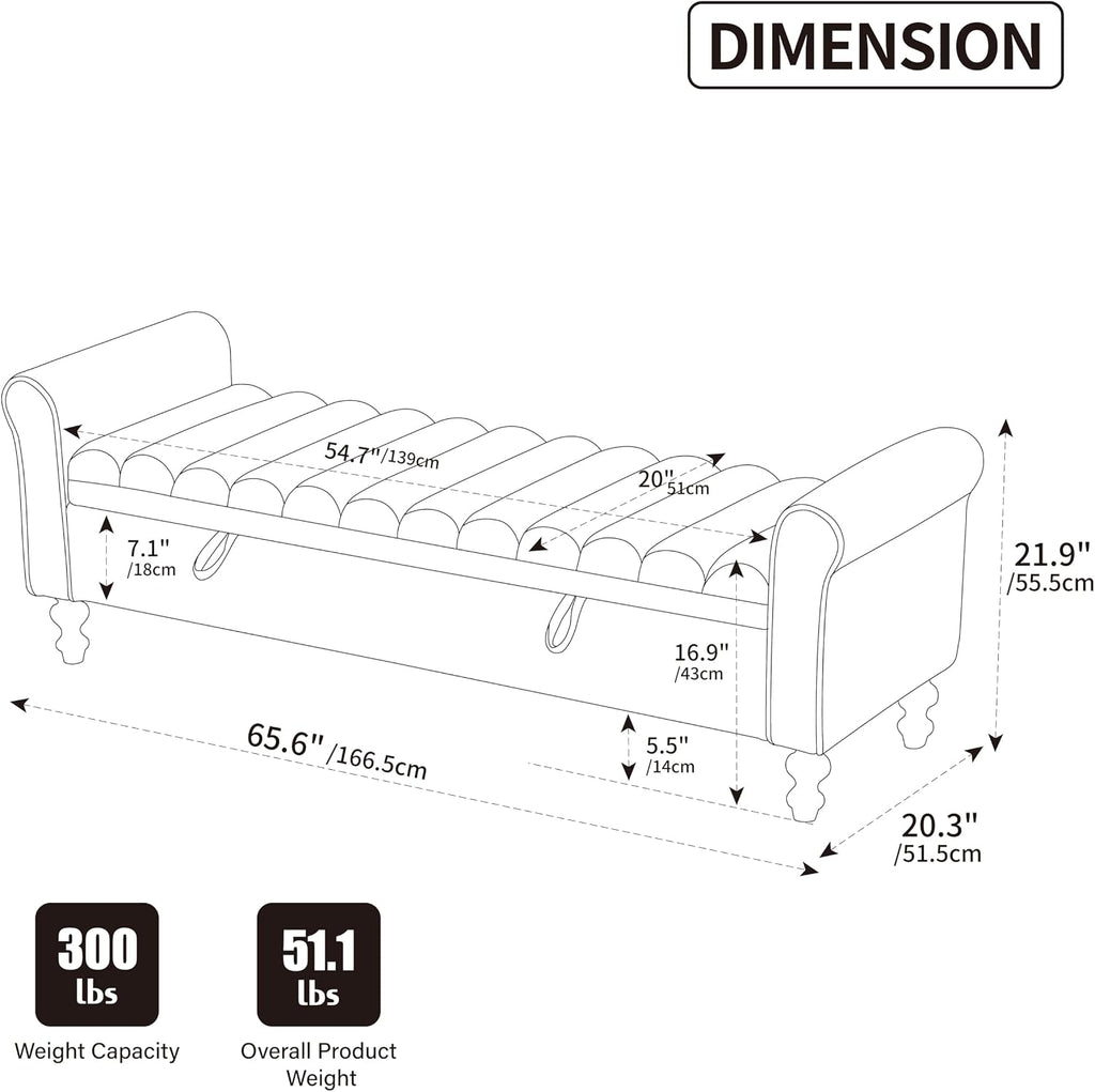 KEIKI 65.6" Modern Upholstered Storage Bench with Double Lids, Ottoman with Storage, Ottoman Bench with Rolled Armrest, Rubberwood Legs, for Bedroom, Living Room, Entryway & Window, Griege
