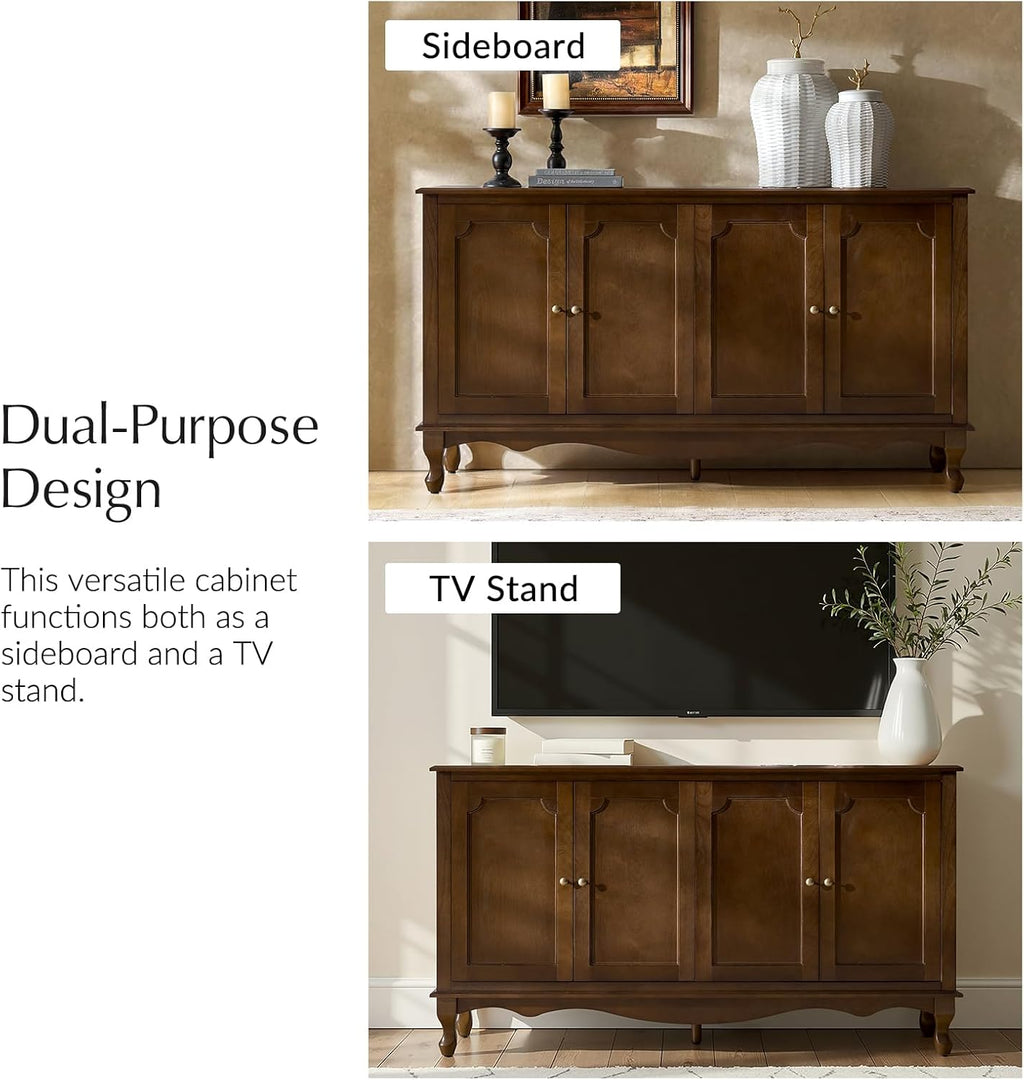 HULALA HOME Sideboard Buffet Cabinet with Storage, 58" Kitchen Farmhouse Wood Credenza Storage Cabinet with 4 Doors & 2 Shelves, Accent Console Table with Solid Wood Legs & Adjustable Shelves, Walnut