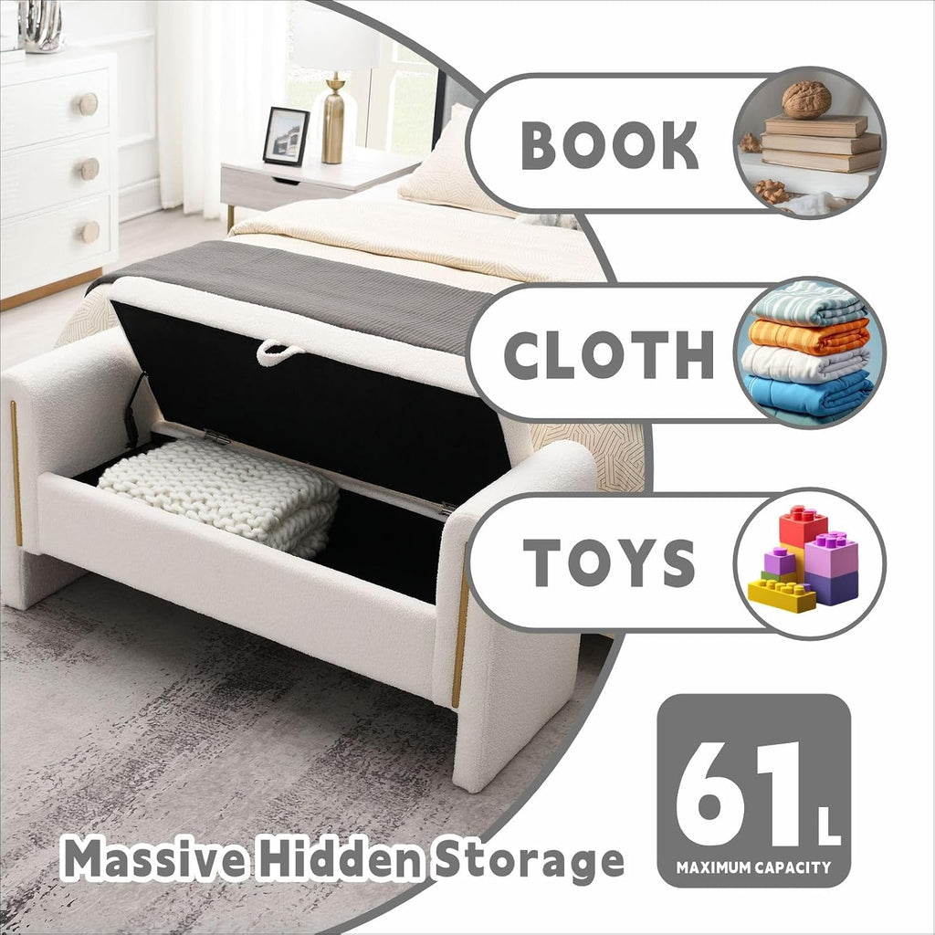 Modern 52" Storage Ottoman Bench, Upholstered End of Bed Storage Bench with Armrests, Entryway Bench, Teddy Foot Rest Stool for Living Room Hallway Bedroom (White)