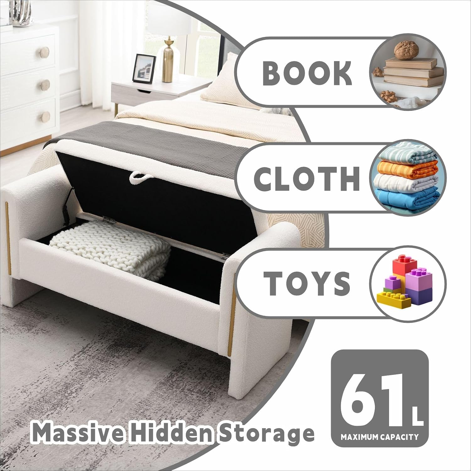 Modern 52" Storage Ottoman Bench, Upholstered End of Bed Storage Bench with Armrests, Entryway Bench, Teddy Foot Rest Stool for Living Room Hallway Bedroom (White)