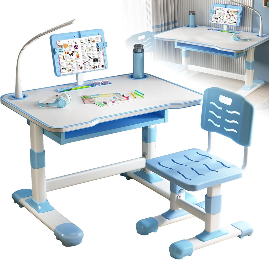 Cuteam Kids Study Desk Chair Set, Height Adjustable Toddlers Writing Table with Tiltable Reading Stand, Living Room Bedroom Children Learning Table with Extra Large Drawer (Blue)