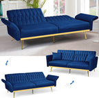 2 Pieces Velvet Sofa Set with Adjustable Armrest and Backrests, Blue | 70” Convertible Futon Sofa Bed & Mordern Accent Chair with Ottoman for Living Room, Bedroom