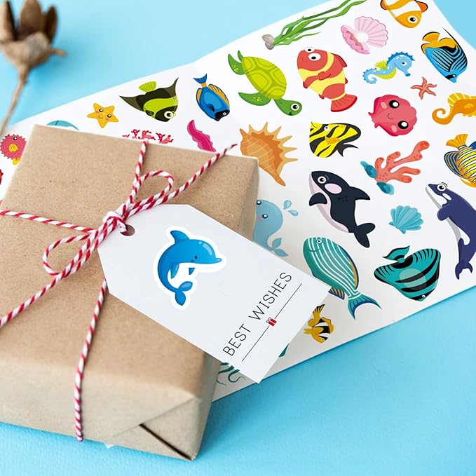 Cute Ocean Sea Animal Adhesive Stickers Tropical Fish Shark Stickers 890 Count for Boys Girls Birthday Invitations Envelopes Mermaid Under The sea Party Goodie Gifts Bags Decor Class Rewards