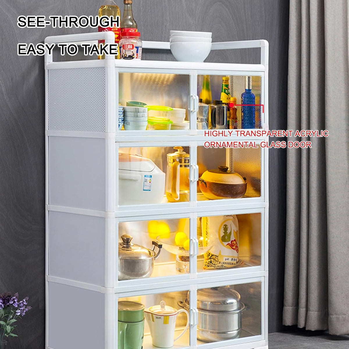 Kitchen Pantry Storage Cabinet, Freestanding Kitchen Storage Cabinet with Acrylic Door, Microwave Stand Tall Storage Pantry Cabinet, Kitchen Buffet Sideboard for Spices, Dishes, Pots, Pans(65*40*90cm/