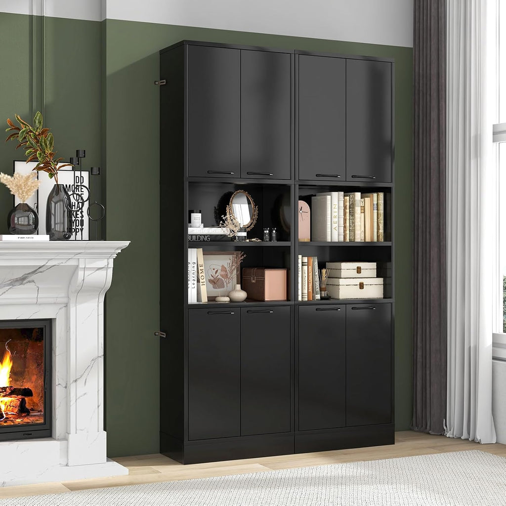 Kitchen Pantry Cabinet, Dining Room Cupboard with 4 Doors & 2 Open Countertop, 4 Anti-Tipping Devices, 75”Tall Bathroom Cabinets (Black)