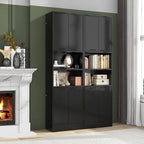 Kitchen Pantry Cabinet, Dining Room Cupboard with 4 Doors & 2 Open Countertop, 4 Anti-Tipping Devices, 75”Tall Bathroom Cabinets (Black)