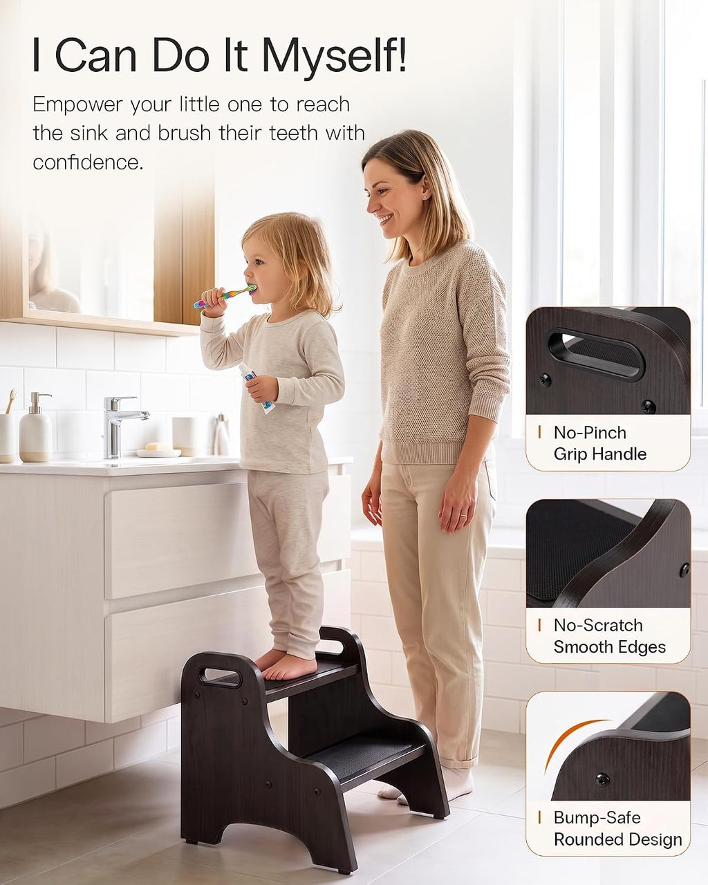 StrongTek Wooden 2 Step Stool, 350 lb Capacity, Non-Slip, Espresso | Wide Non-Slip Surface, Portable Handles, Stable Support for Sink, Potty Training, Kitchen, Bathroom and Bedside