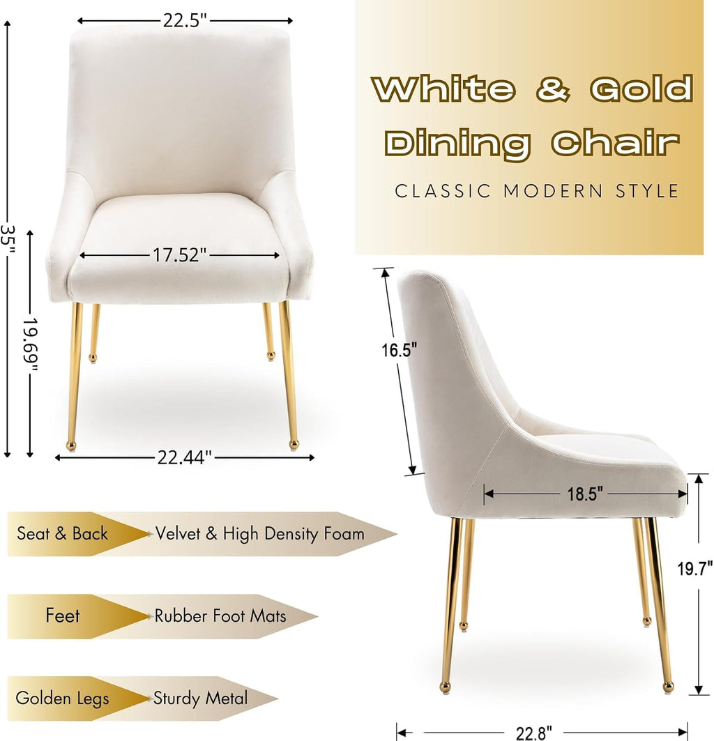 Hyfirm Modern White Dining Room Chairs Set of 2, Upholstered Velvet Dining Chair with Gold Metal Legs Accent Side Chairs for Living Room Kitchen