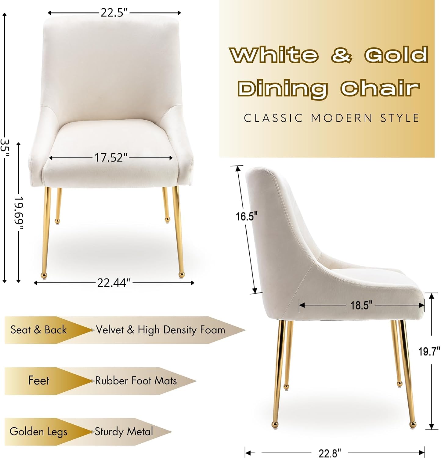Hyfirm Modern White Dining Room Chairs Set of 2, Upholstered Velvet Dining Chair with Gold Metal Legs Accent Side Chairs for Living Room Kitchen