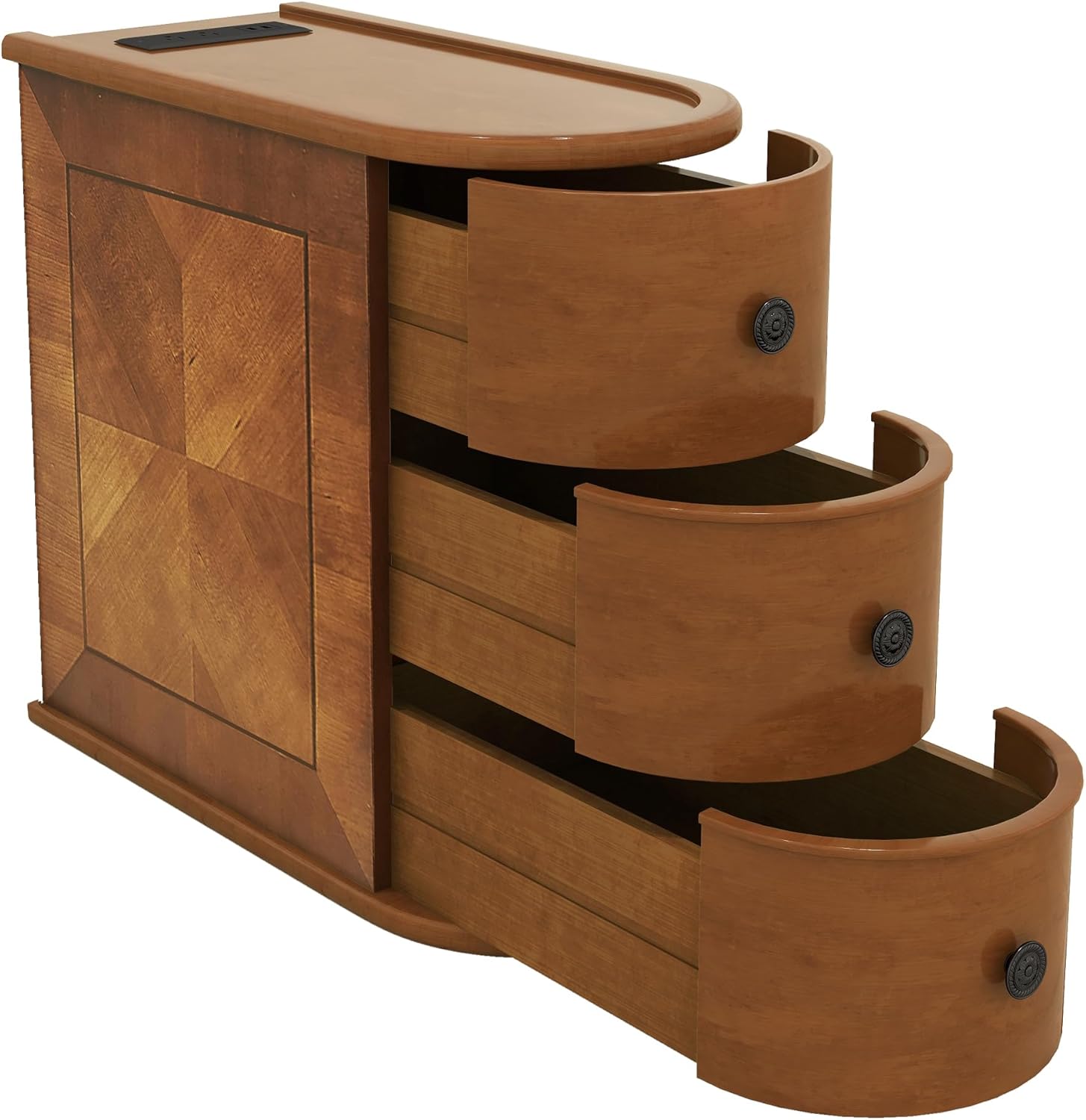 Narrow End Table with Charging Station, Wood Side Table with Drawers for Small Spaces, 3-Drawer Nightstand with Storage, Slim Bedside Cabinet for Living Room/Bedroom/Corner, Fully Assembled, Walnut