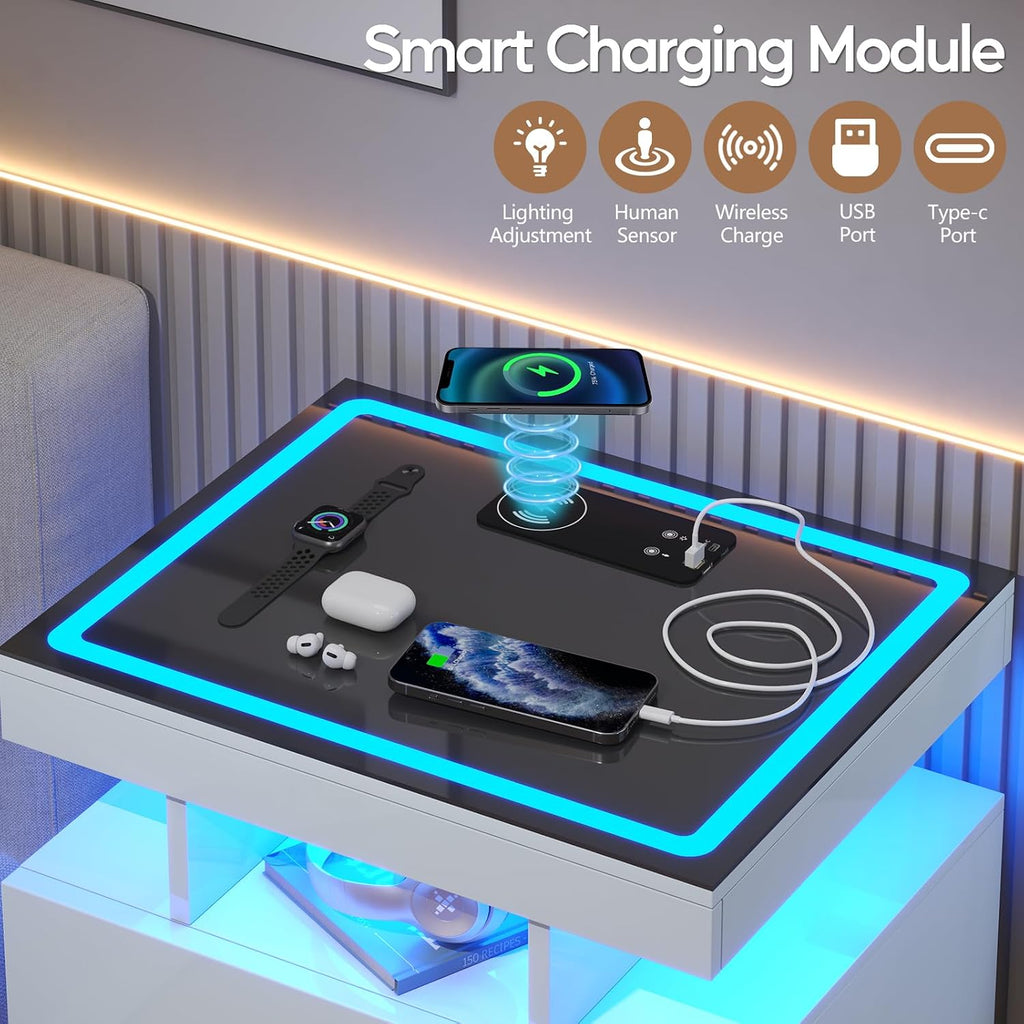LED Nightstand Set 2 with Charging Station,Motion Senor,White | Night Stand with 2 Drawers,Glass Top Smart BedSide Table,Modern End Table Side for Bedroom,Living Room,Office