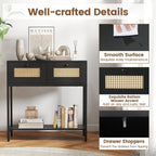 GOFLAME Rattan Console Table, Boho Entryway Table with 2 Drawers & Open Storage Shelf, Narrow Long Sofa Table with Metal Legs, Foyer Table Behind Couch Table for Living Room, Hallway, Black